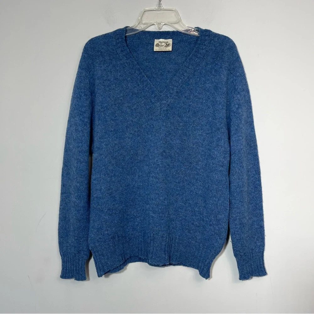 Vintage Shetland Pure New Wool V-Neck Sweater Blue Made In Scotland Classic 40 L - Picture 12 of 16